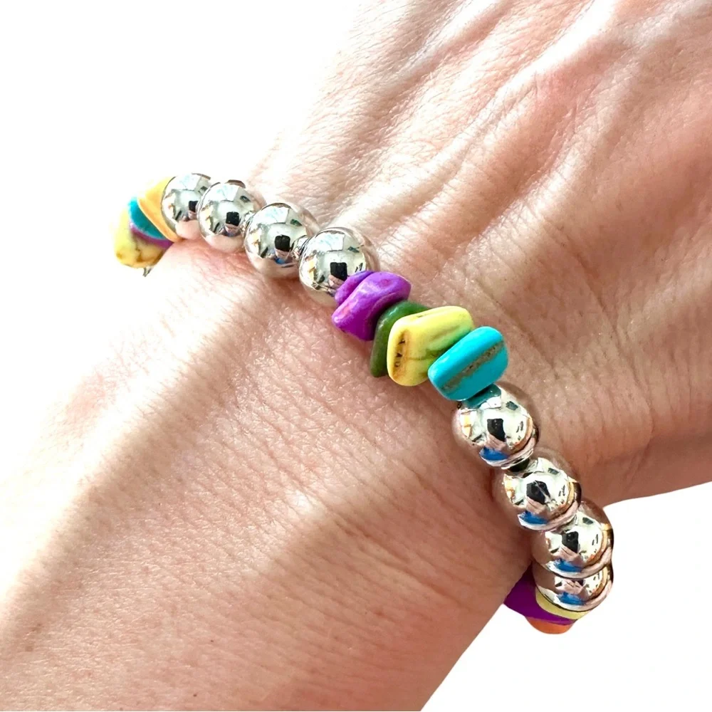🔴 5 for $10 ONE Colorful Beaded Silver Stretchy Bracelet - Picture 2 of 16